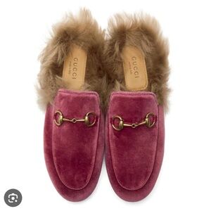 Gucci Princetown Pink Velvet Horsebit Fur-Lined Mules Loafers EU 39 US 8.5